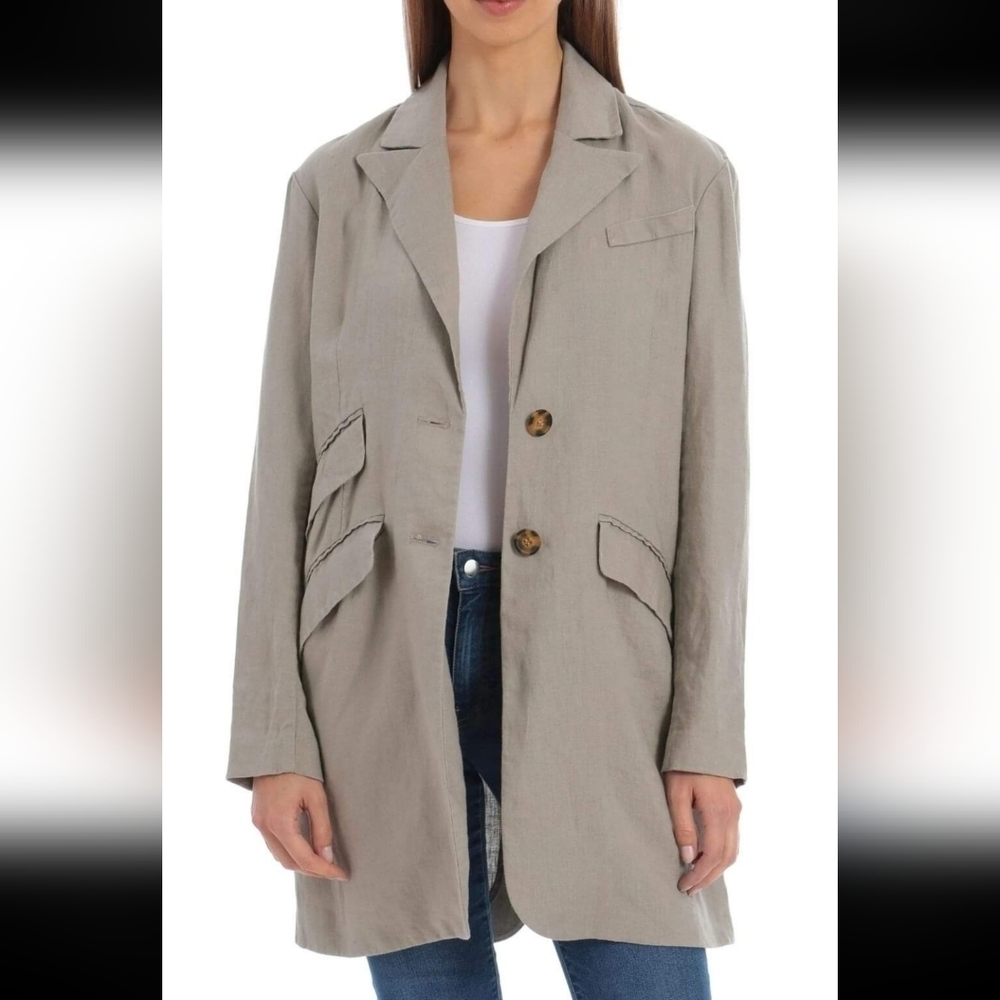 Avec Les Filles Taupe Linen-Blend Long Blazer - Picture 2 of 13